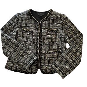 Express Metallic Plaid Tweed Jacket with Gold Chain Detail Classic Old Money-S